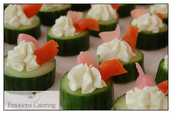 Cucumber Cups with Smoked Salmon, Pickled Ginger and Wasabi Cream Cheese