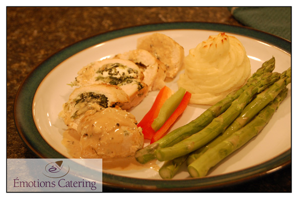 Chicken stuffed with Spinach, Pine Nuts, Feta and Capers - served with a Mustard and Tarragon Cream Sauce and Duchesse Potatoes